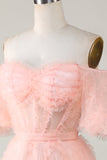 Leuke A lijn Blush Tulle Off The Shoulder Korte Homecoming Jurk