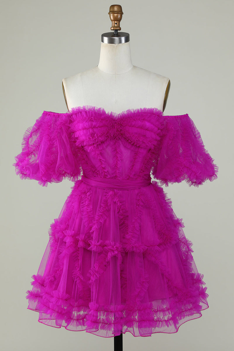 Afbeelding in Gallery-weergave laden, Een lijn paarse tule off the shoulder korte homecoming jurk