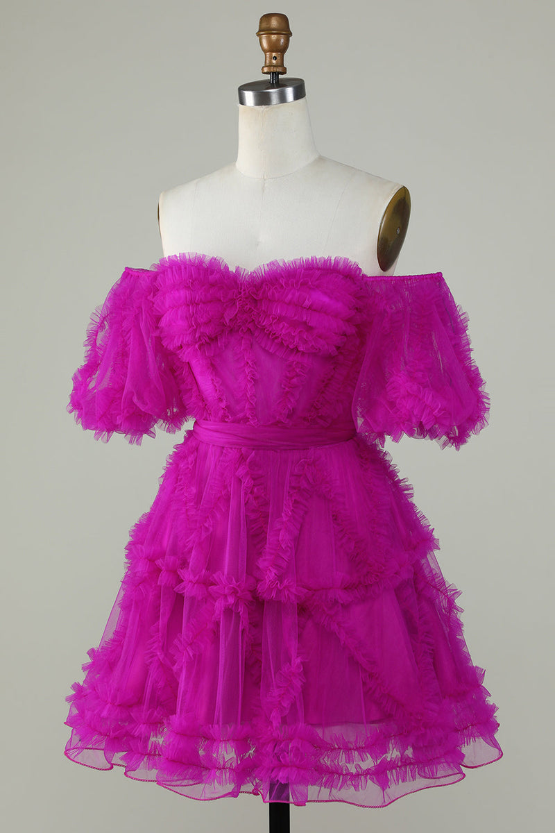 Afbeelding in Gallery-weergave laden, Een lijn paarse tule off the shoulder korte homecoming jurk