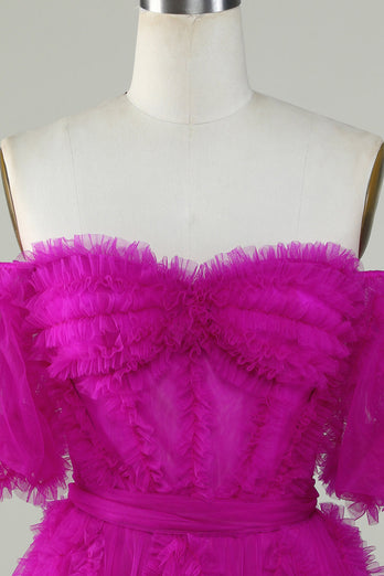 Stijlvolle A Line Off the Shoulder Fuchsia Tule Corset Homecoming Jurk
