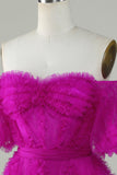 Stijlvolle A Line Off the Shoulder Fuchsia Tule Corset Homecoming Jurk