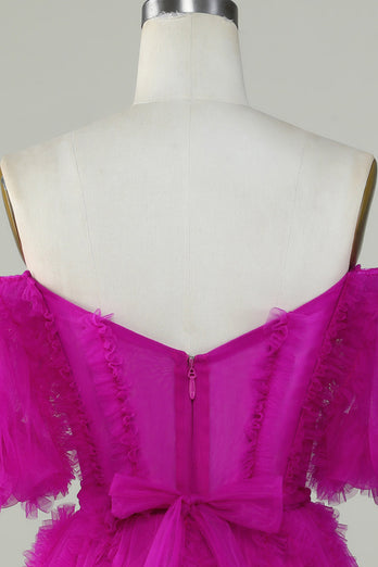 Stijlvolle A Line Off the Shoulder Fuchsia Tule Corset Homecoming Jurk