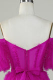 Stijlvolle A Line Off the Shoulder Fuchsia Tule Corset Homecoming Jurk