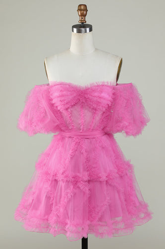 Leuke een lijn van de schouder roze tule homecoming jurk