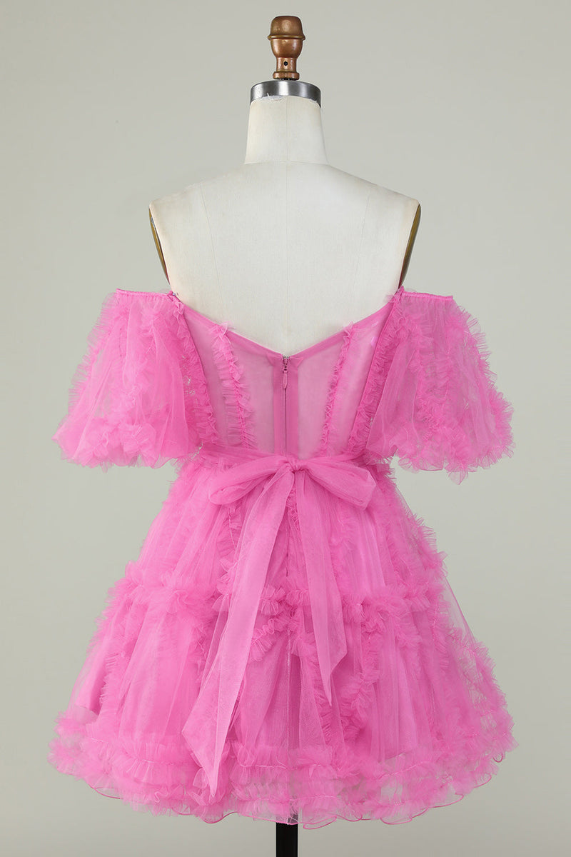 Afbeelding in Gallery-weergave laden, Leuke een lijn van de schouder roze tule homecoming jurk