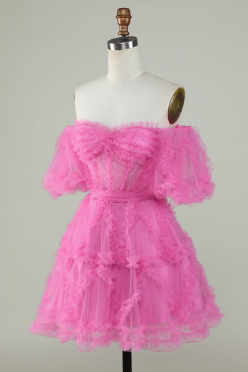 Leuke een lijn van de schouder roze tule homecoming jurk