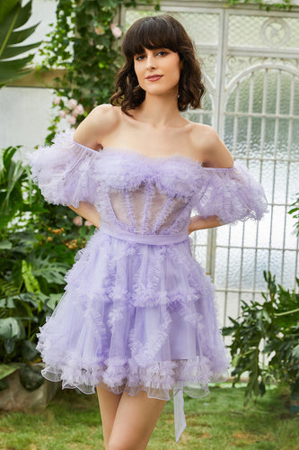 Een lijn paarse tule off the shoulder korte homecoming jurk