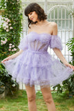 Leuke A lijn Blauwe Tule Off The Shoulder Korte Homecoming Jurk