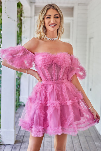 Hot Pink Off the Shoulder Tulle Homecoming Jurk