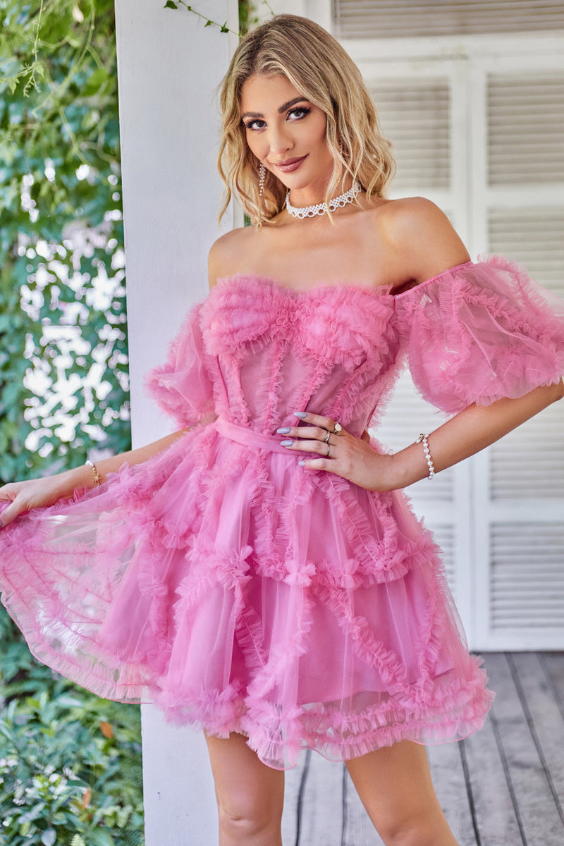 Afbeelding in Gallery-weergave laden, Hot Pink Off the Shoulder Tulle Homecoming Jurk