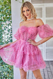 Hot Pink Off the Shoulder Tulle Homecoming Jurk