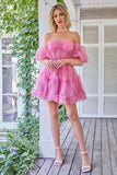 Hot Pink Off the Shoulder Tulle Homecoming Jurk