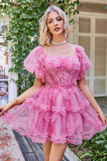 Hot Pink Off the Shoulder Tulle Homecoming Jurk