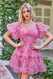 Hot Pink Off the Shoulder Tulle Homecoming Jurk