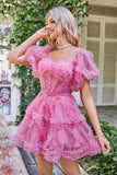 Hot Pink Off the Shoulder Tulle Homecoming Jurk