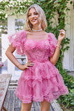 Hot Pink Off the Shoulder Tulle Homecoming Jurk