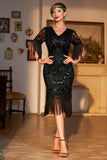 Donkergroene V-hals Gefranjerde Roaring 20s Party Dress