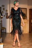 Donkergroene V-hals Gefranjerde Roaring 20s Party Dress