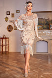 Pailletten Champagne Roaring 20s Great Gatsby Fringed Flapper Jurk met Mouw