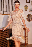 Pailletten Champagne Roaring 20s Great Gatsby Fringed Flapper Jurk met Mouw