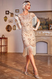 Pailletten Champagne Roaring 20s Great Gatsby Fringed Flapper Jurk met Mouw