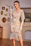 Pailletten Champagne Roaring 20s Great Gatsby Fringed Flapper Jurk met Mouw