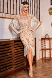 Pailletten Champagne Roaring 20s Great Gatsby Fringed Flapper Jurk met Mouw