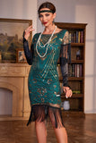 Pailletten donkergroen brullend 20s Great Gatsby gefranjerde flapper jurk met mouw