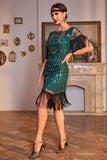 Pailletten donkergroen brullend 20s Great Gatsby gefranjerde flapper jurk met mouw