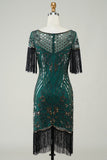 Donkergroene Pailletten 1920s Flapper Jurk met Franjes