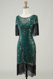 Donkergroene Pailletten 1920s Flapper Jurk met Franjes