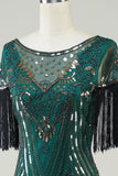 Donkergroene Pailletten 1920s Flapper Jurk met Franjes