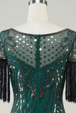 Donkergroene Pailletten 1920s Flapper Jurk met Franjes