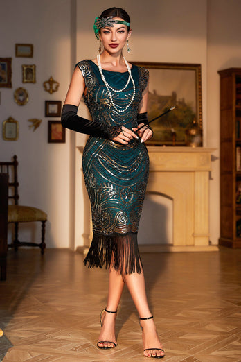 Kralen gefranjerd donkergroen 1920s flapper jurk