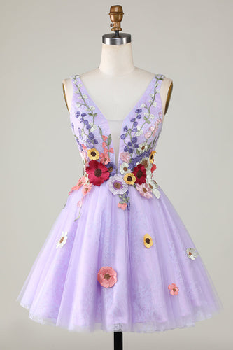 Een lijn diepe V-hals open rug paarse homecoming jurk met 3D bloemen