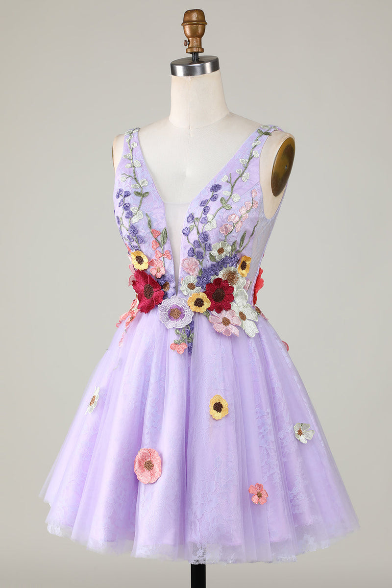 Afbeelding in Gallery-weergave laden, Een lijn diepe V-hals open rug paarse homecoming jurk met 3D bloemen