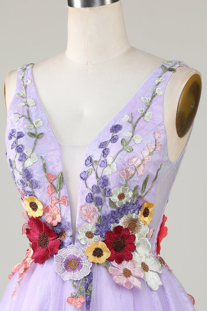 Afbeelding in Gallery-weergave laden, Een lijn diepe V-hals open rug paarse homecoming jurk met 3D bloemen
