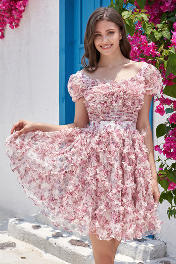 Prachtige A Line Floral Dusty Rose Homecoming Jurk met Ruches