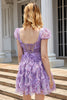 Afbeelding in Gallery-weergave laden, Een lijn paars bedrukte homecoming jurk met ruches