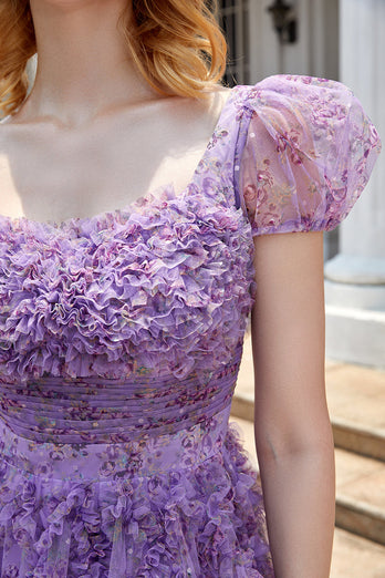 Een lijn paars bedrukte homecoming jurk met ruches