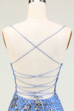 Sprankelende schede Spaghetti Bandjes Grijs Blauw Pailletten Korte Homecoming Jurk met Criss Cross Back