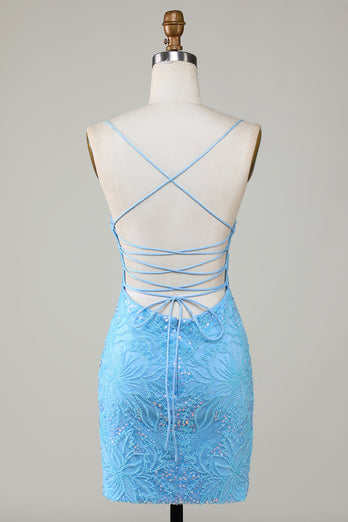 Sprankelende blauwe kralen strakke korte homecoming jurk