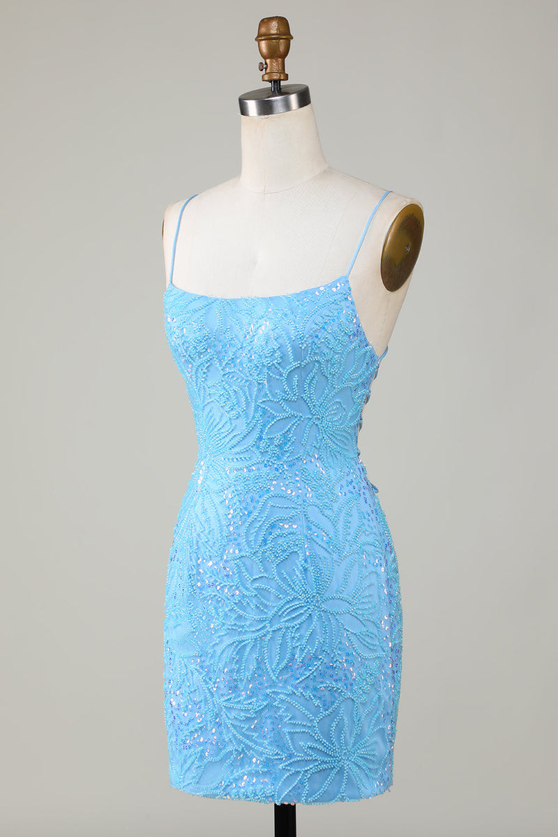 Afbeelding in Gallery-weergave laden, Sprankelende blauwe kralen strakke korte homecoming jurk