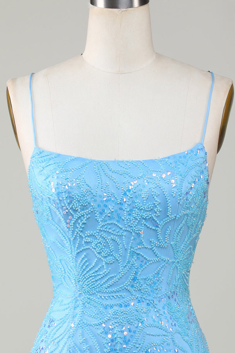 Afbeelding in Gallery-weergave laden, Sprankelende blauwe kralen strakke korte homecoming jurk