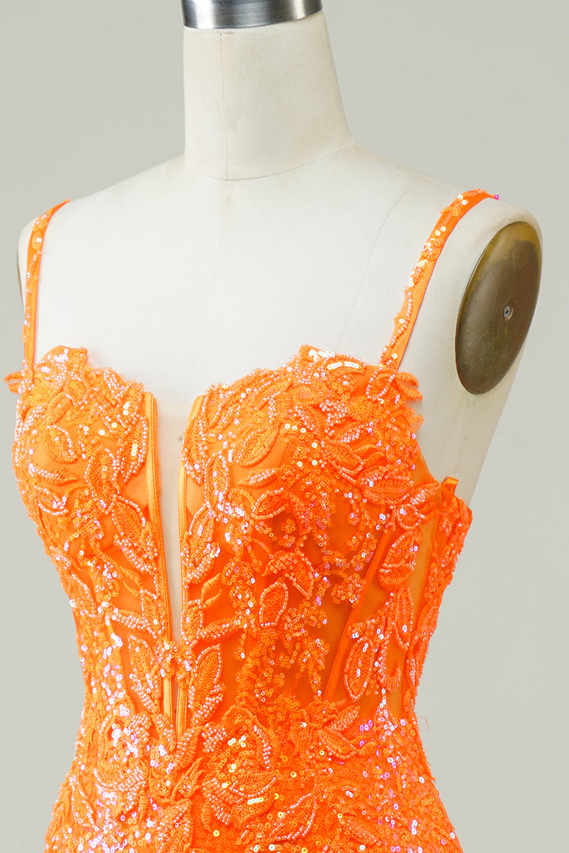 Afbeelding in Gallery-weergave laden, Glitter oranje strakke homecoming jurk met kralen