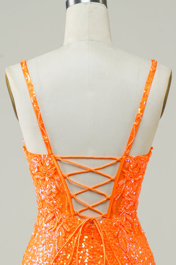 Glitter oranje strakke homecoming jurk met kralen