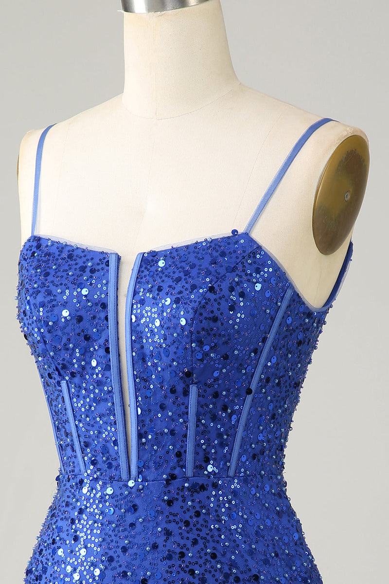 Afbeelding in Gallery-weergave laden, Royal Blue Bodycon Sparkly Spaghetti Straps Homecoming Jurk