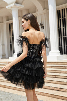Sprankelende zwarte kralen korset A-lijn korte homecoming jurk met veren