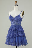 Leuke A Line Spaghetti Bandjes Donkerblauw Sprankelend Korset Homecoming Jurk