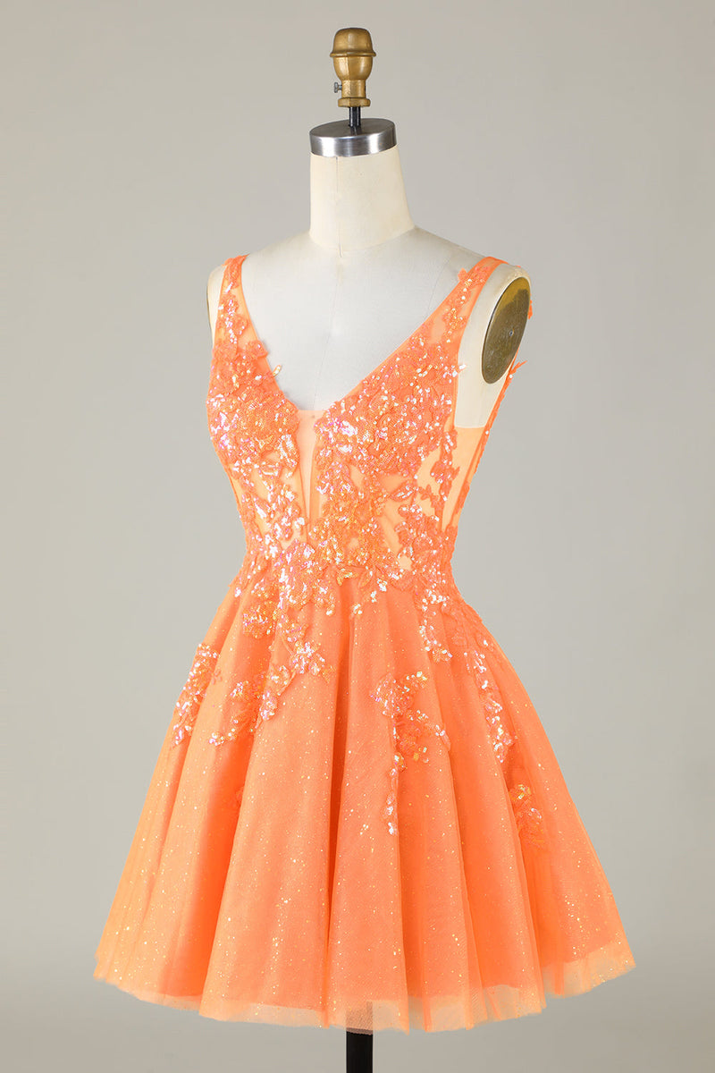 Afbeelding in Gallery-weergave laden, Sprankelende oranje A Line Glitter Homecoming Jurk met Pailletten